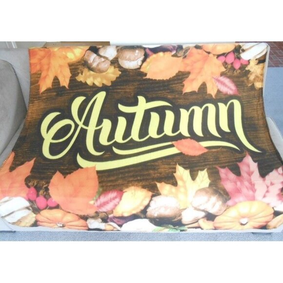 New Soft Autumn Time Fall Fleece Throw Gift Blanket Leaves Acorn Pumpkin Harvest - Picture 1 of 3
